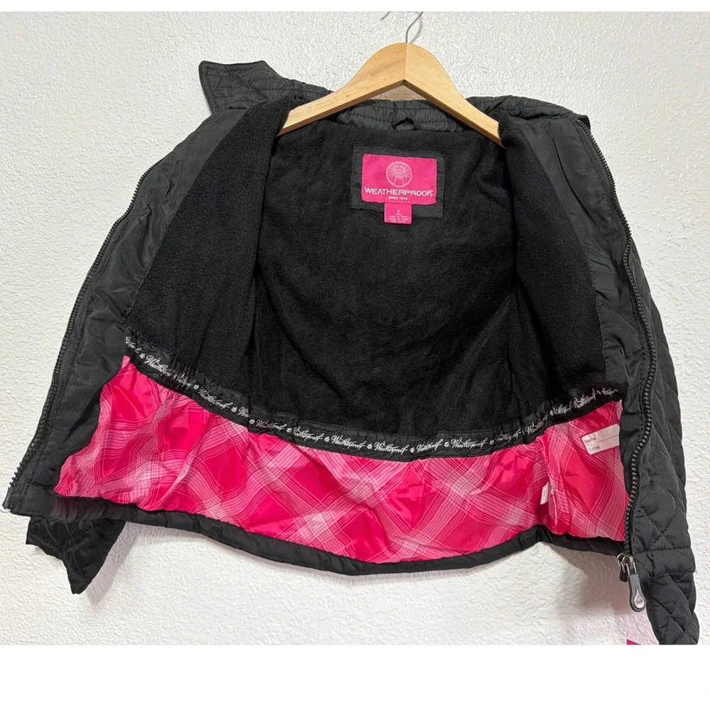 Weatherproof Girls Black Quilted Puffer Jacket Pink Plaid Lining Hooded  S 7/8